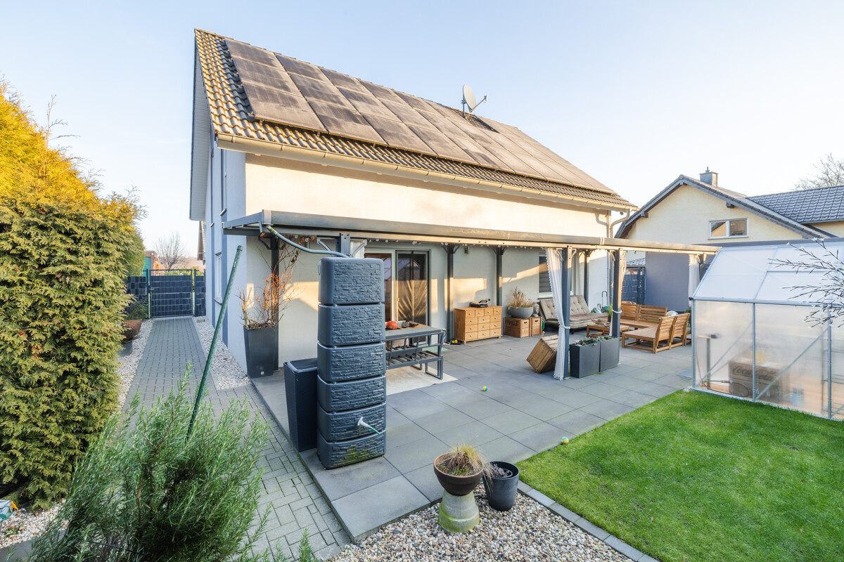 Ansicht auf die überdachte Terrasse